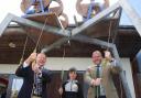 George Freeman (right), MP for Mid Norfolk, tries his hand at bellringing after launching Dereham Day
