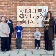 Earl of Leicester, Holkham Estate; Julie Dyson, Goldcrest Charitable Trust; George Brett Reynolds, chair of the Wighton Village Hall Committee; Tommy Beard, 8; Tyler Beard, 4; Countess of Leicester; Neil Dyson, Goldcrest Charitable Trust.