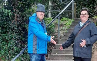 Councillors Harry Clarke and Ray O'Callaghan at the steps near South Green Gardens in Dereham.