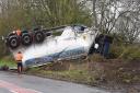 The overturned HGV on the verge of the A47 at Scarning.