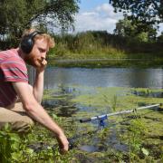 PhD student Jack Greenhalgh listening to the sounds of underwater wildlife in a restored pond at Swanton Morley Farms