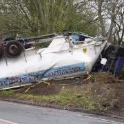 The overturned HGV on the verge of the A47 at Scarning.
