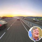 An artist's impression of how the Western Link viaduct would look at road level, with the project being opposed by campaigners including Stephen Fry and Chris Packham, right