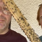 Peter Melemendjian and his wife Anna, pictured with a two-day-old fly tape hanging at their home in Little Ellingham