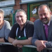 Butcher David Smith has bought15 Macbeth tickets for the local high schools. Also pictured are Northgate High School headteacher Glyn Hambling and Gill Huckle. Picture: Ian Burt