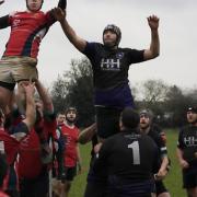 Dereham's Richard Dunsire, right, tries to spoil a Medics line-out. Picture: KIRSTY DREW