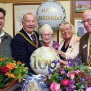 Joyce Knock, centre, celebrates her 100th birthday with, from left, Breckland councillor Ray O'Callaghan; Dereham mayor Hugh King; Breckland councillor, Alison Webb; and Dereham councillor Harry Clarke